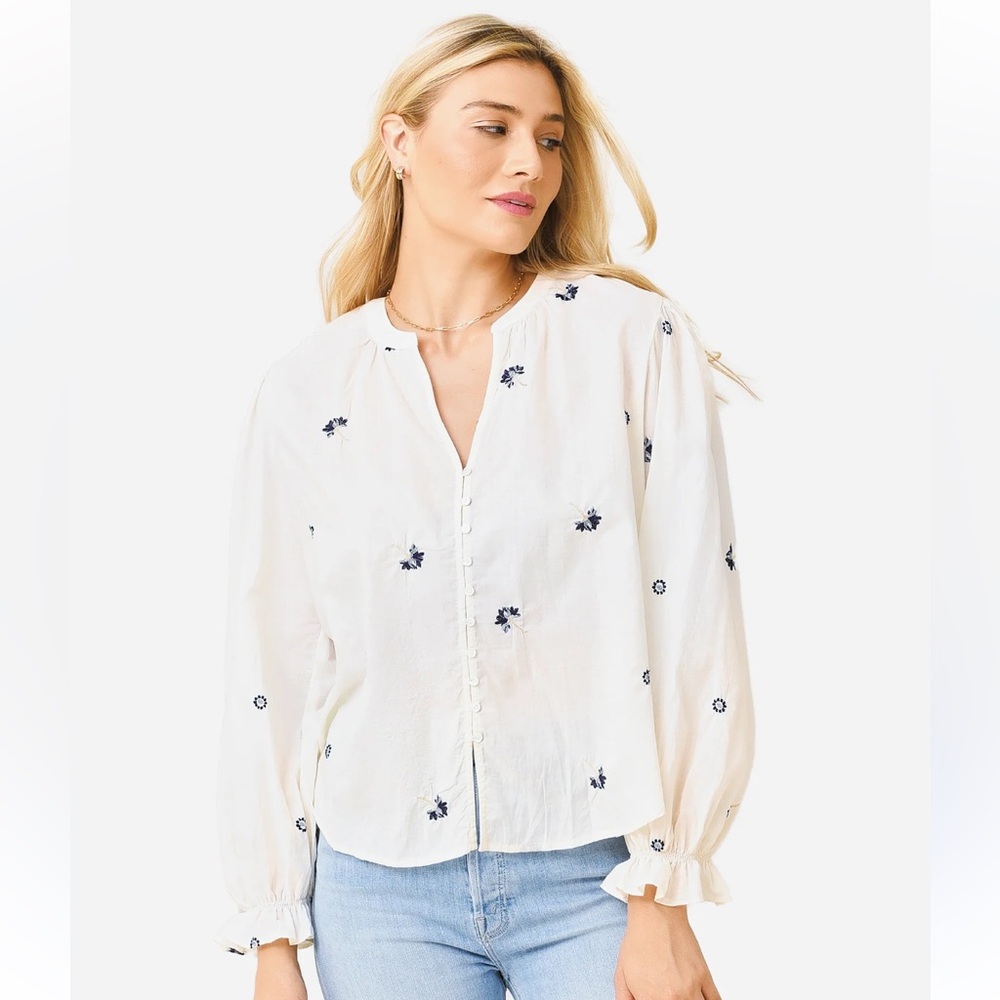 Velvet by Graham & Spencer Cream Embroidered Blouse